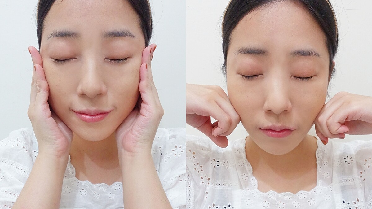 按壓三下的超能量小花瓶，手掌托著雙頰由下往上以按壓輕彈的方式加速吸收，接著再用手關節往上拉提，最後像花瓣一樣雙手托腮包覆全臉，肌膚立刻有變化喔！
