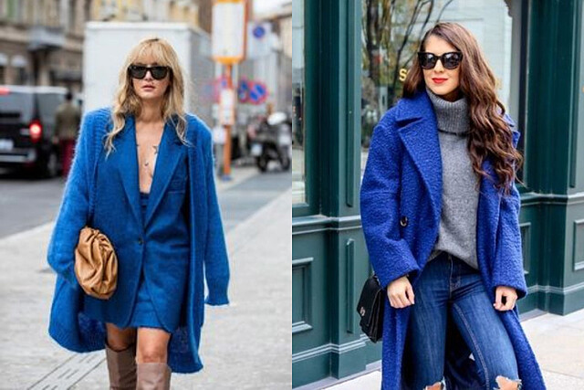 不同剪裁、材質的經典藍大衣展現不同風格(圖片來源:Pinterest)