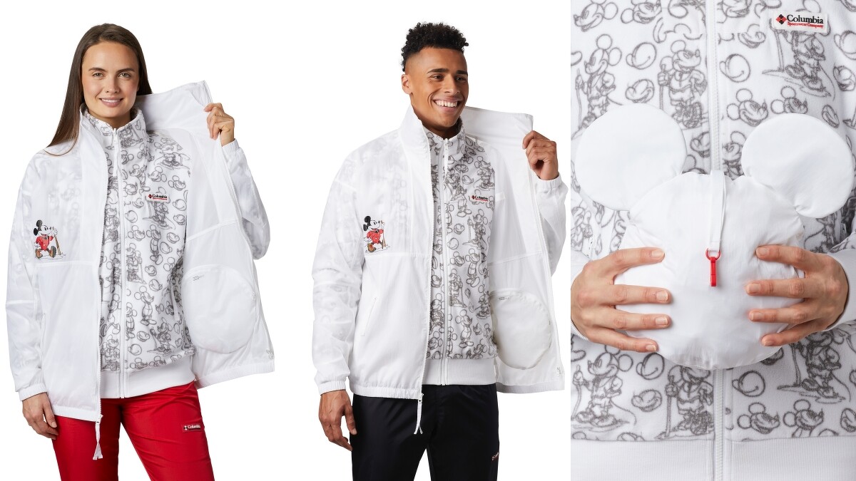 迪士尼可收納防潑兩件式立領外套（NT$9,880），外層防水、內層刷毛外套隱約透出米奇插畫，可收納成米奇頭。