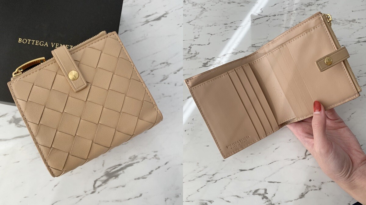 BOTTEGA VENETA 裸膚色1.5編織小羊皮短夾，NT20,200