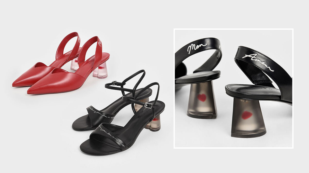 CHARLES KEITH漂浮紅心粗跟鞋,NT1,990、漂浮紅心涼鞋,NT1,890。