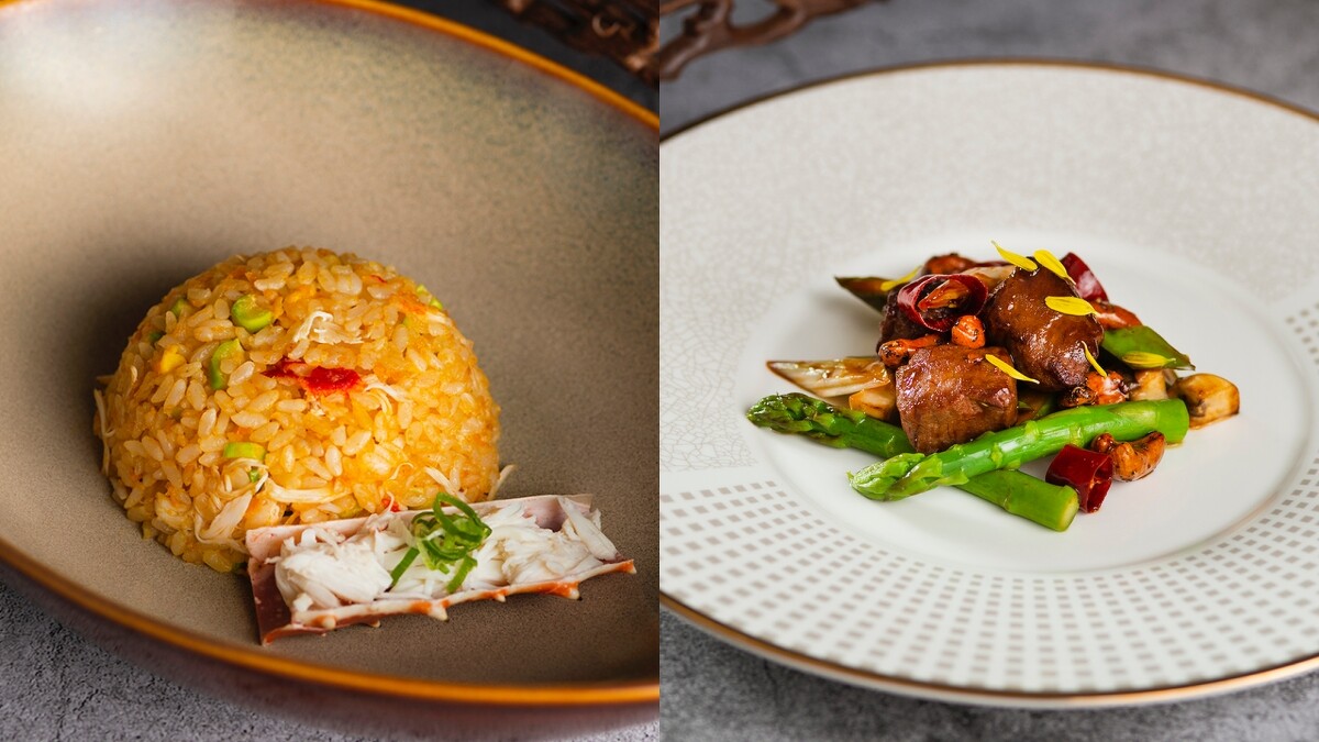 泰國蝦頭油阿拉斯加蟹肉炒飯、香辣蘆筍美國牛柳粒