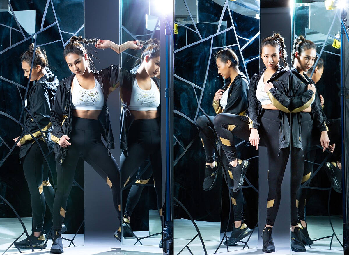 訓練系列Metal Splash連帽外套，NT2,680、訓練系列中衝擊運動內衣，NT1,380、訓練系列Metal Splash緊身褲，NT1,880、LQDCELL Shatter Mid鞋款，NT3580。