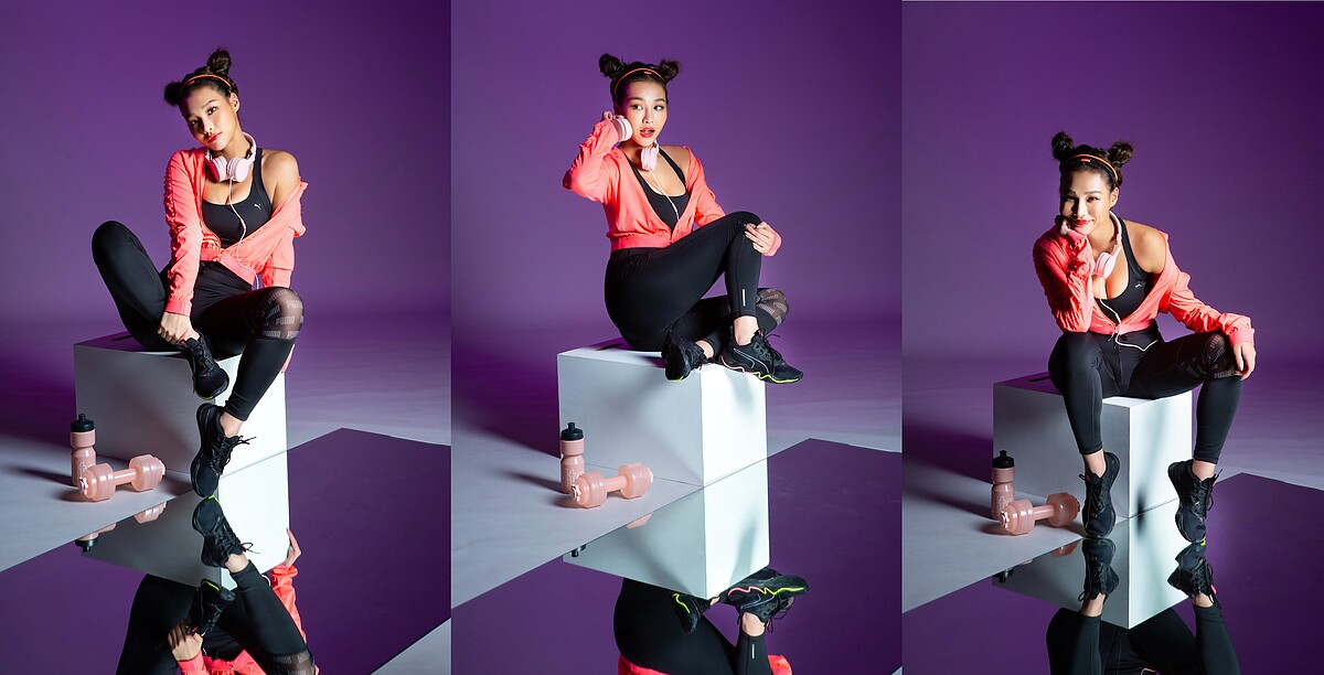 訓練系列Be Bold連帽風衣外套，NT2,380、訓練系列Thermo R+ 高衝擊運動內衣，NT1,780、訓練系列 Feel It 9分緊身褲，NT1,580.，Zone XT Wns鞋款，NT3,380