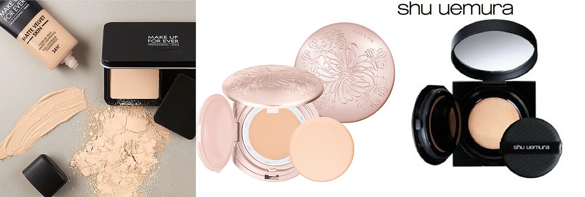 Make Up Forever 柔霧空氣粉餅11g+UHD保濕精華12ml、PAUL&JOE 糖瓷親肌水凝粉餅蕊SPF25PA++(12g)+盒、植村秀 無極限超時氣墊粉餅蕊 SPF36 PA+++ (不含盒)。粉餅也有人氣排行榜可以參考。