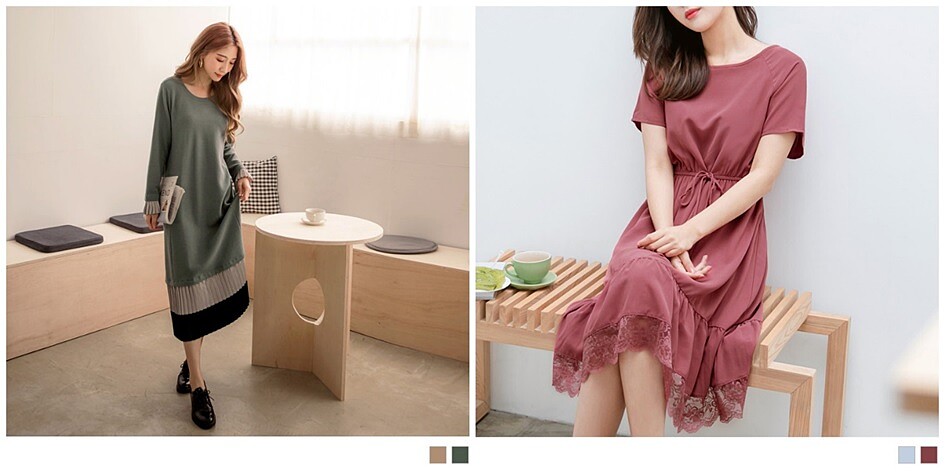 OB嚴選 收腰綁帶裙襬蕾絲荷葉拼接純色短袖洋裝、OB嚴選 修身車線下襬撞色百褶拼接長洋裝。LINE購物排行一次網羅春日甜心小姐姐。