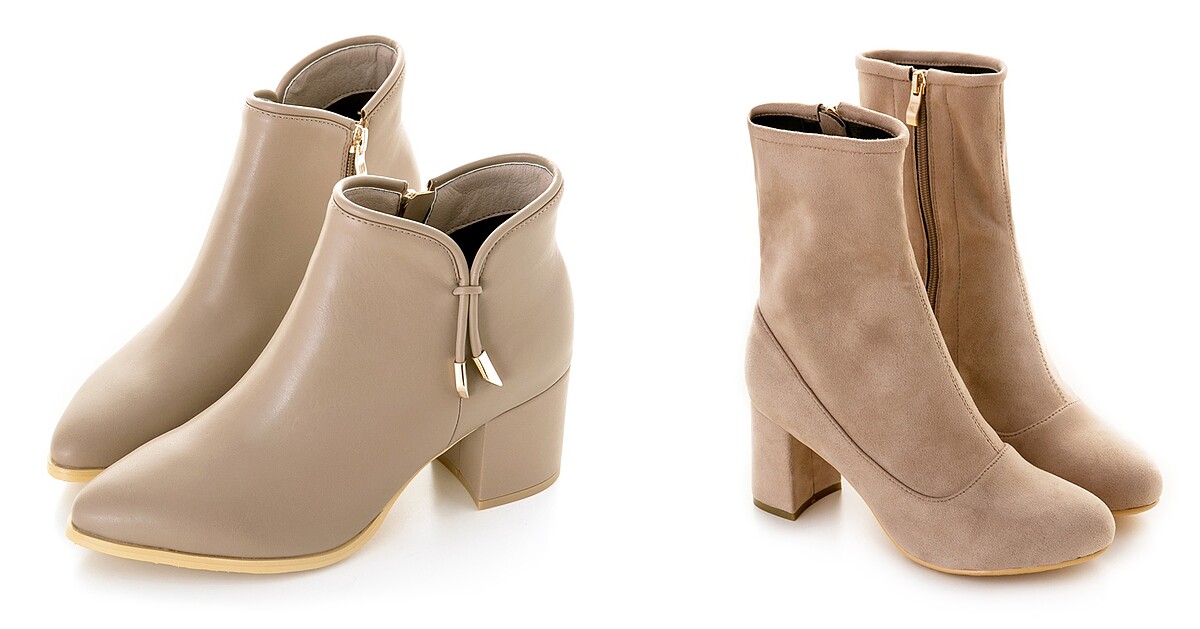 amai 細腿剪裁絨布拉鏈襪靴 (奶茶GW17-50MB)、amai 皮繩烤邊優雅跟靴 (奶茶)。優雅奶茶色一路延燒到春季，粉嫩TONE必須擁有。