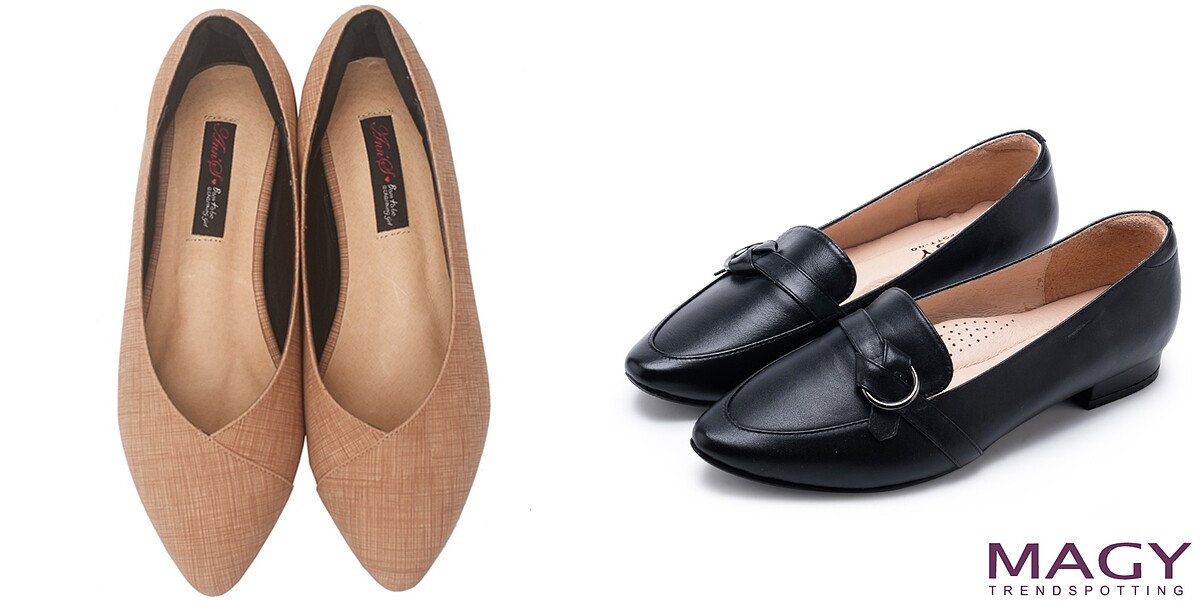 Ann&rsquo;S時髦都會女郎-牛仔織紋顯瘦V口平底尖頭鞋(粉)、MAGY復古潮流真皮圓釦細帶尖頭樂福鞋(黑色)。OL女子日常鞋款也有，M編不禁大讚LINE購物排行真太貼心了！