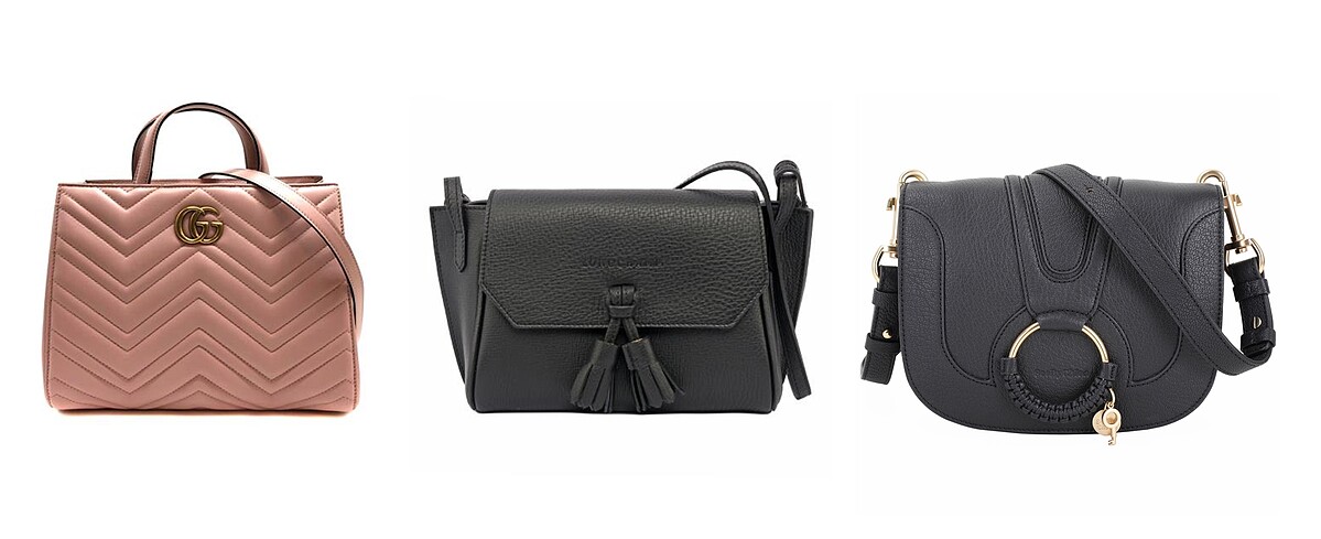 LONGCHAMP PENELOPE流蘇牛皮斜背包(黑色小款)、GUCCI Marmont 金屬雙G山型紋牛皮手提肩背包(448054-粉)、SEE BY CHLOE HANA編織金屬圈手拿肩背包(黑色小款)。有LINE購物排行掛保證，世界級精品特色包款也能放心購！