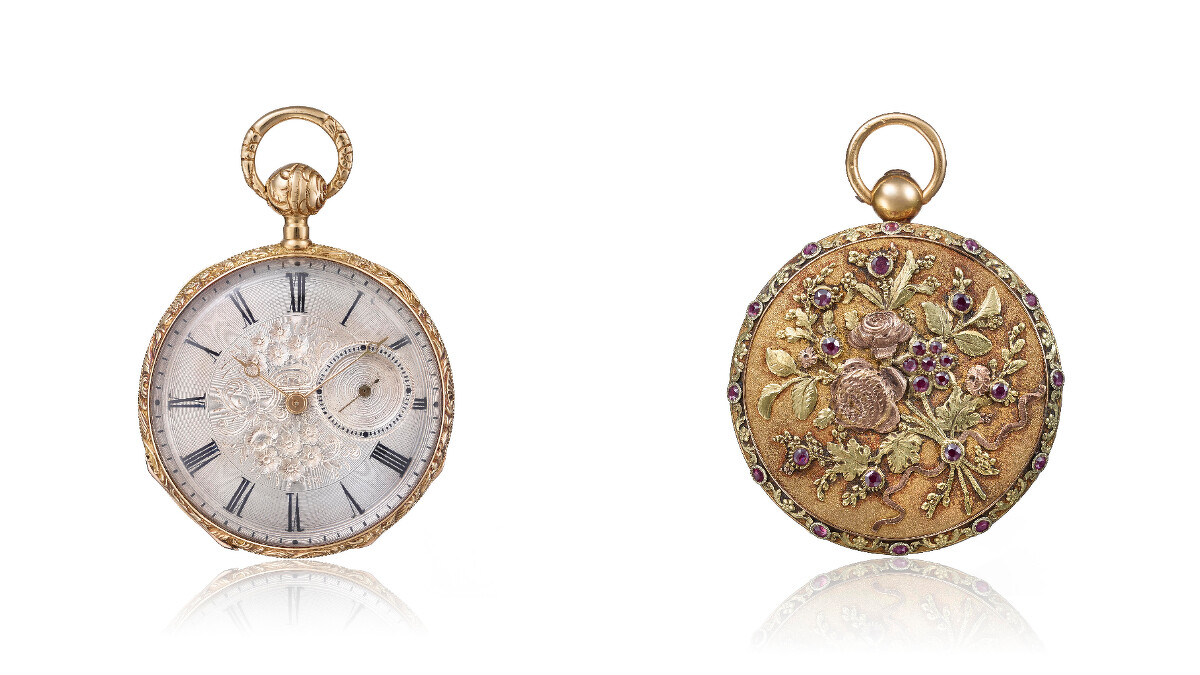 黃金懷錶，1815年 / 鑲嵌紅寶石的Surprise白金懷錶，1929年