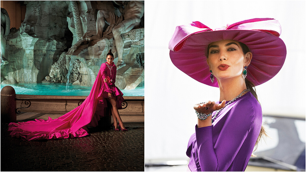 裝扮華美的 Lily Aldridge 配戴著寶格麗頂級珠寶系列，在夜晚的特雷維噴泉前留下倩影。