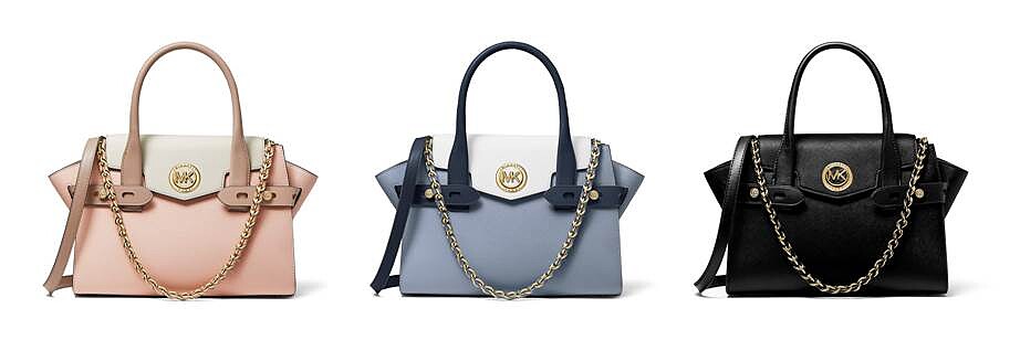 Carmen系列 粉白色拼接提包、藍白拼接提包、黑色拼接提包，各NT15,900