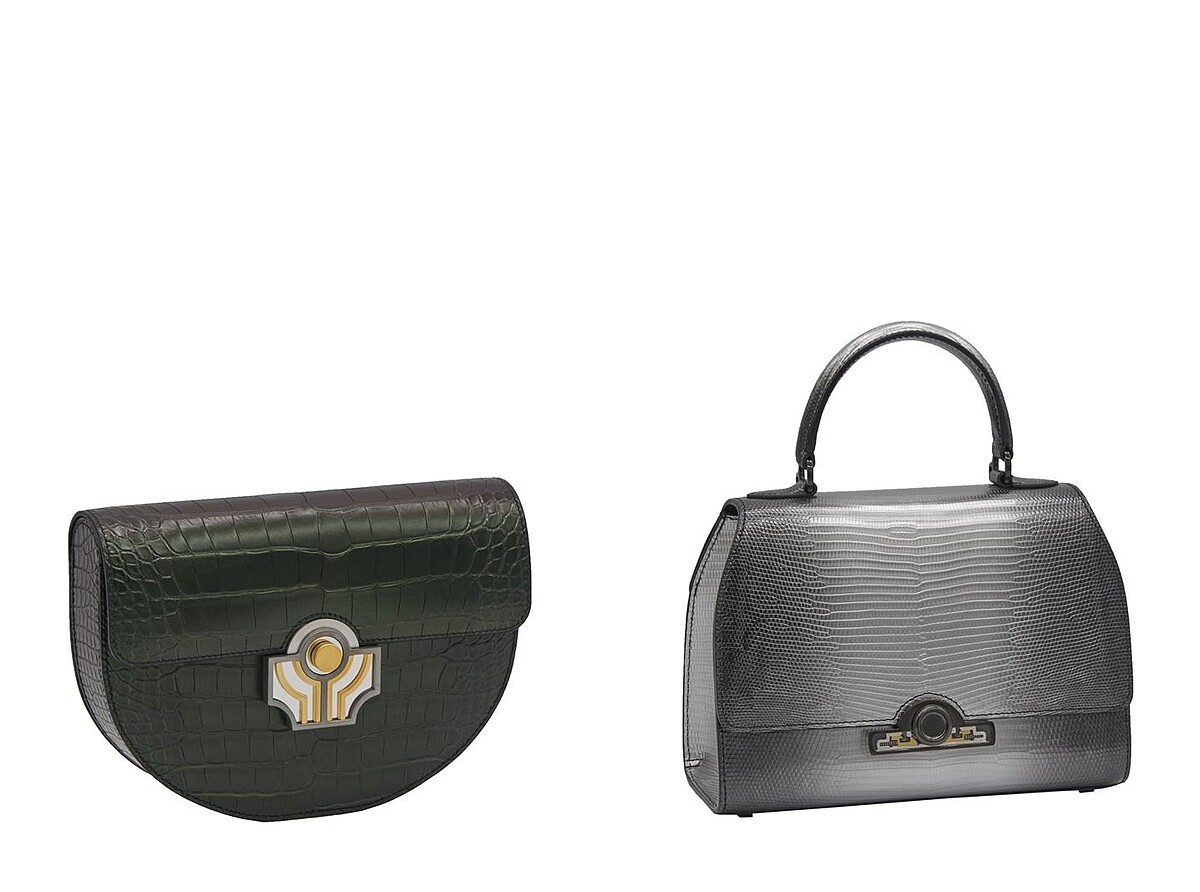 Marie Louise Iridescent鱷魚皮墨綠X黑包款、Rejane 23 Heritage金屬光蜥蜴皮 淺灰色包款。