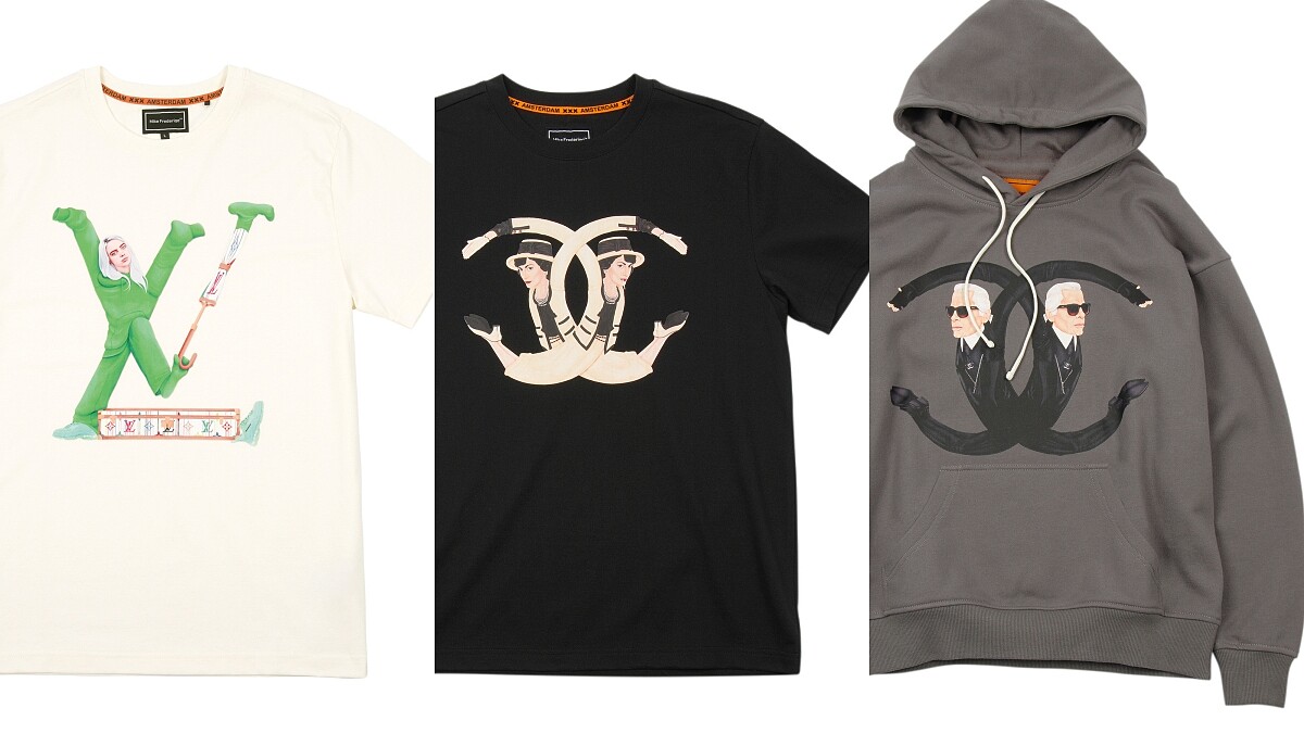 Mike Frederiqo翻玩設計師與精品Logo變白T，卡爾彎曲手腳拼成CHANEL Logo，超可愛風格讓人想立刻收！