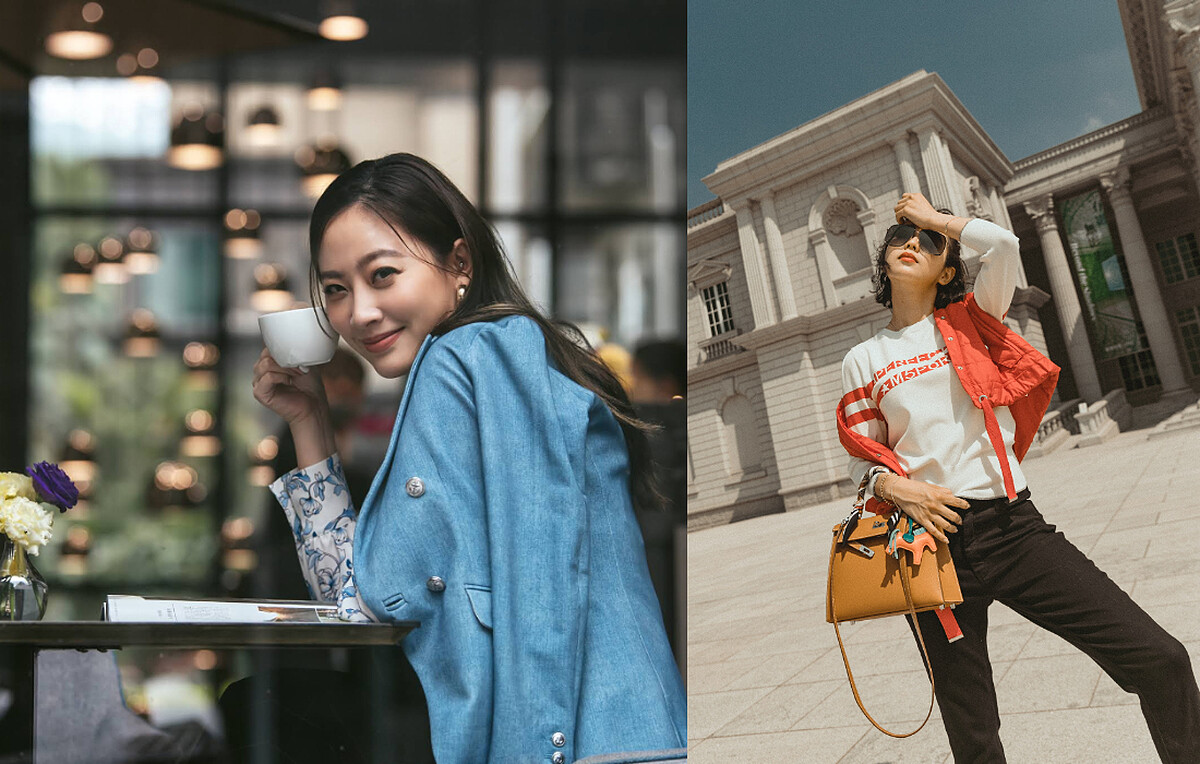 (右)多穿式風衣外套 $25,600、A PERFECT DAY針織衫 $11,600、修身丹寧褲 $9,600 (左)鈴蘭花印花襯衫 $8,600、棋盤格帕角式鉛筆裙 $9,900 、 丹寧效果西裝外套 $18,900