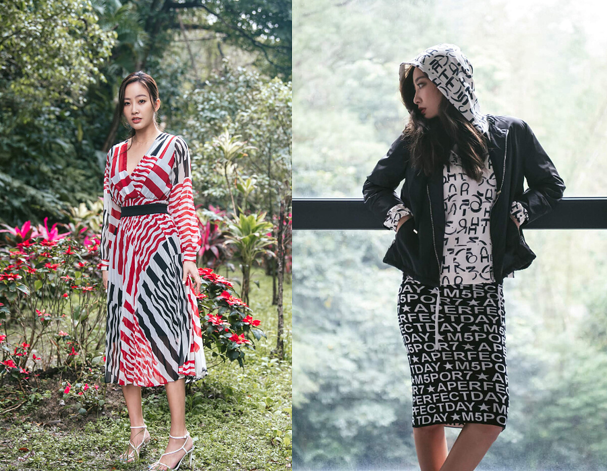 (右)滿版LOGO印花帽T $14,300、A PERFECT DAY針織鉛筆裙 $11,600、風衣外套 $16,300 (左)迷幻幾何洋裝 $22,300