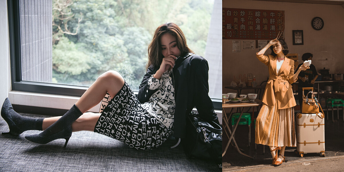 (右)雲雀色西裝外套 $21,300、色塊拼接針織衫 $12,900、針織打褶裙 $15,300