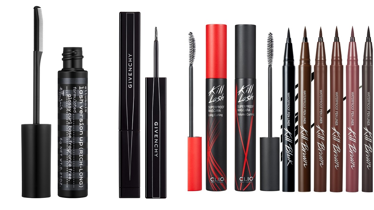 艾杜紗魔束捲翹睫毛底膏限量纖版,NT520。Givenchy 紅色風暴精準持久眼線筆,NT950。Clio 絕色玩美纖翹防水睫毛膏,NT390。Clio 新魅黑防水濃烈眼線液,NT350。