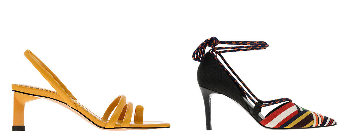 多帶高跟涼鞋，NT1,590、羅緞繩索綁帶跟鞋，NT1,790 