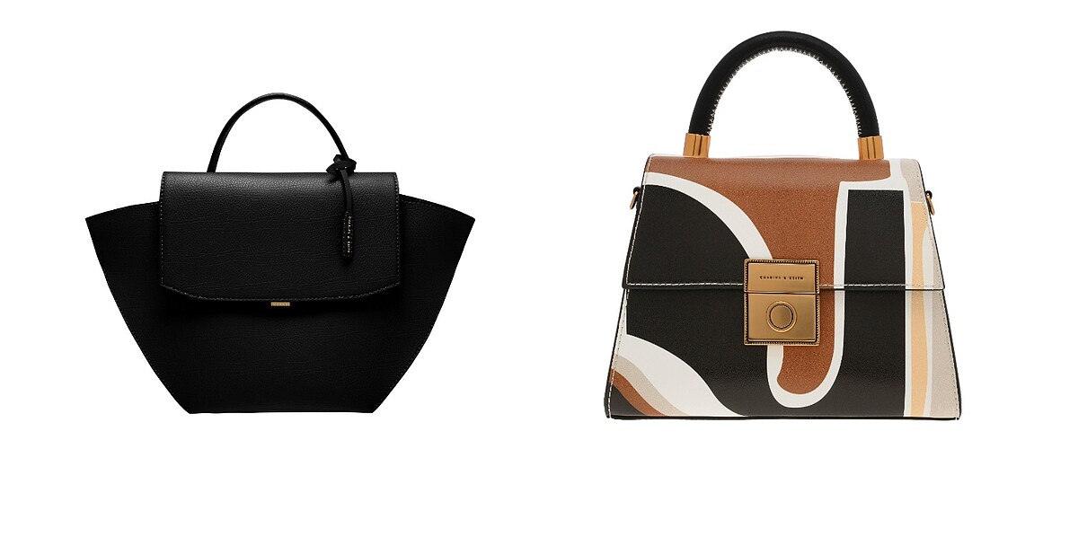 黑色簡約翻蓋手提包，NT2,290、混色流線壓紋信封包，NT2,290