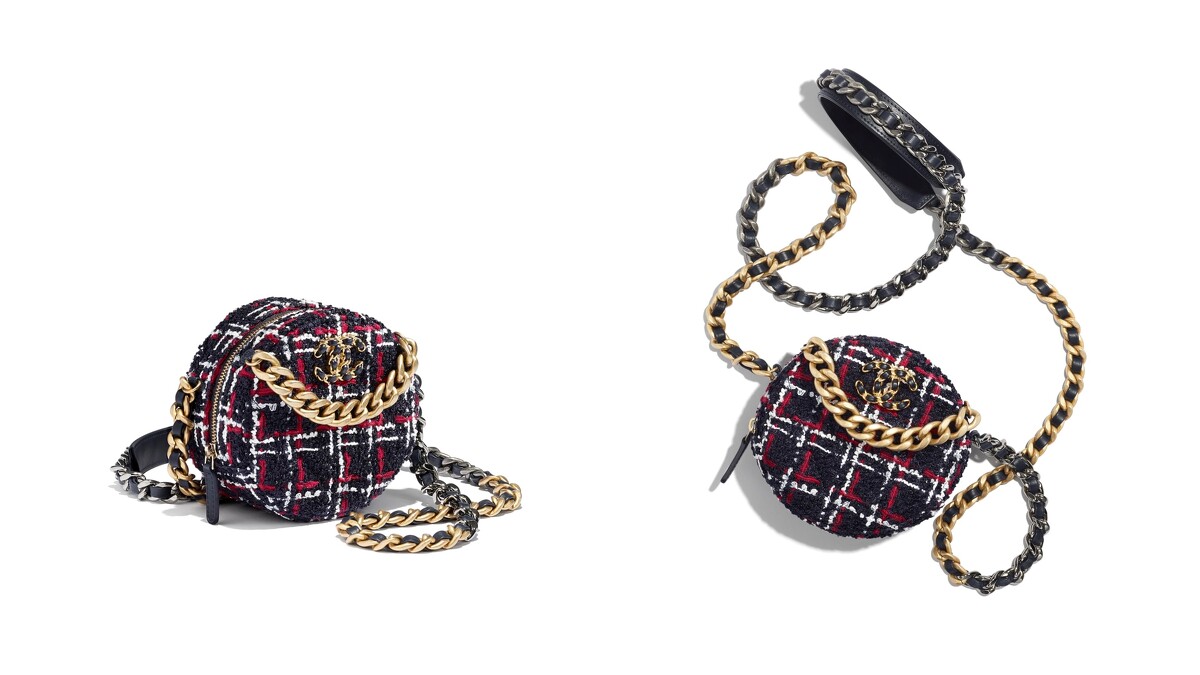 紅黑格紋斜紋軟呢CHANEL 19圓形小包