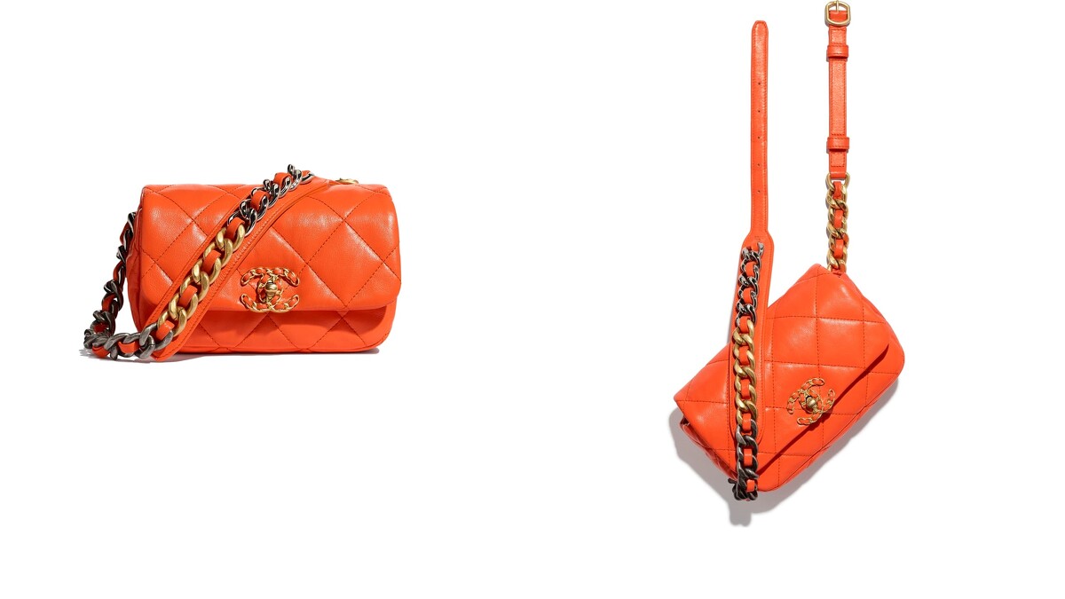 橘色菱格紋皮革CHANEL 19腰包