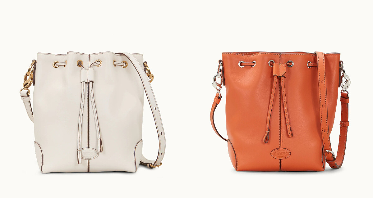 慕斯白皮革水桶包、磚橘皮革水桶包