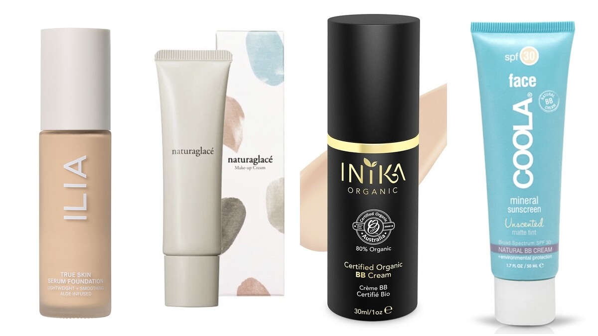 Ilia 光透精華粉底,NT1,450。naturaglace 微珠光隔離乳,NT1,350。 Inika多效光潤BB霜,NT1,690。Coola 超裸奇肌礦物BB霜SPF30,NT1,350。