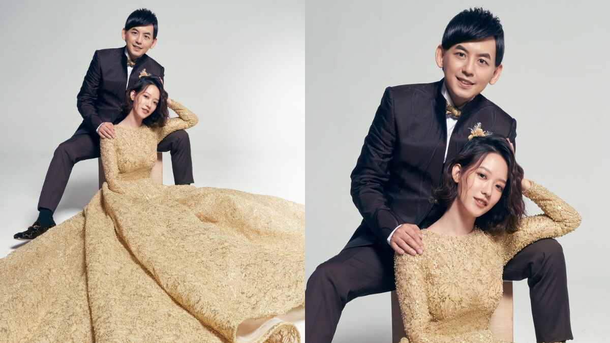 黃子佼曝光絕美婚紗照！孟耿如身穿金色長禮服，小倆口甜蜜放閃