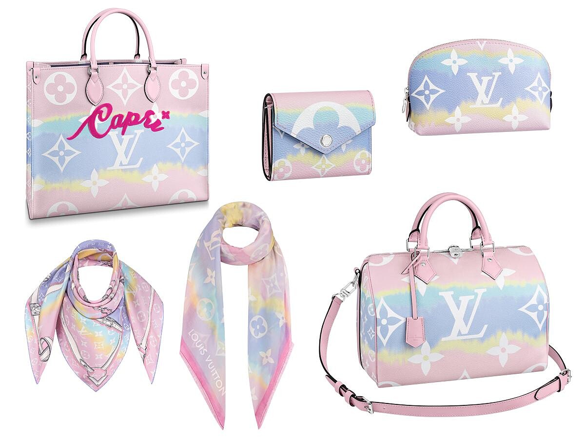 （左起上排）Onthego托特包（NT$102,000）、皮夾（NT$21,800）、化妝包（NT$18,000）；（左起下排）方巾（NT$17,500）、絲巾（NT$30,500）、Speedy（NT$74,500）