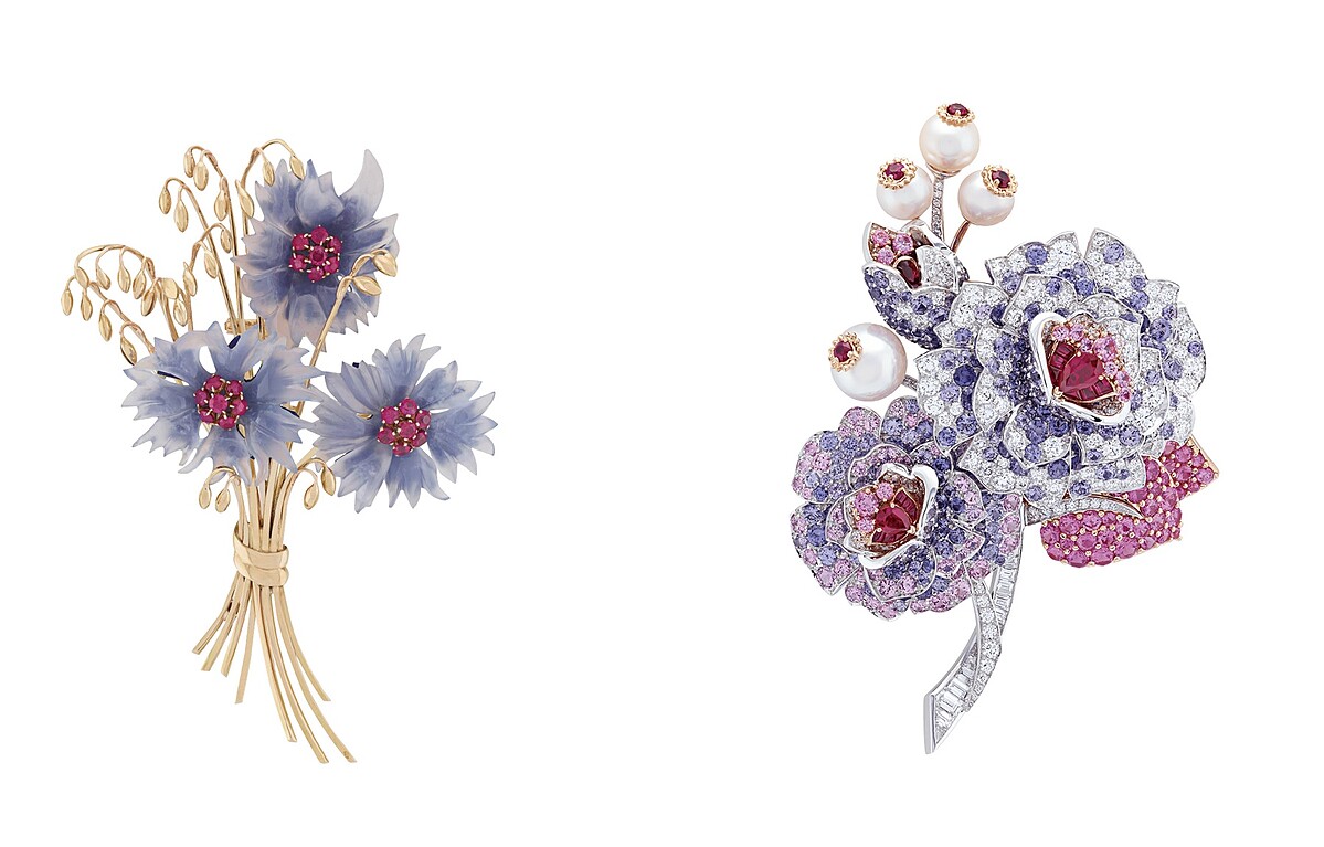 左：Pens&eacute;es 胸針。右：1938年作品，Blueberries bouquet 胸針。