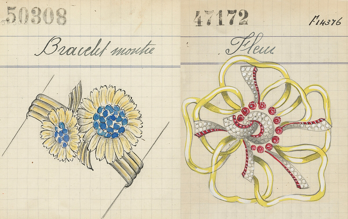 左：1938年推出的神秘腕錶及可拆式雙花胸針產品資料卡。右：1937年 Silhouette Flower胸針的產品資料卡。