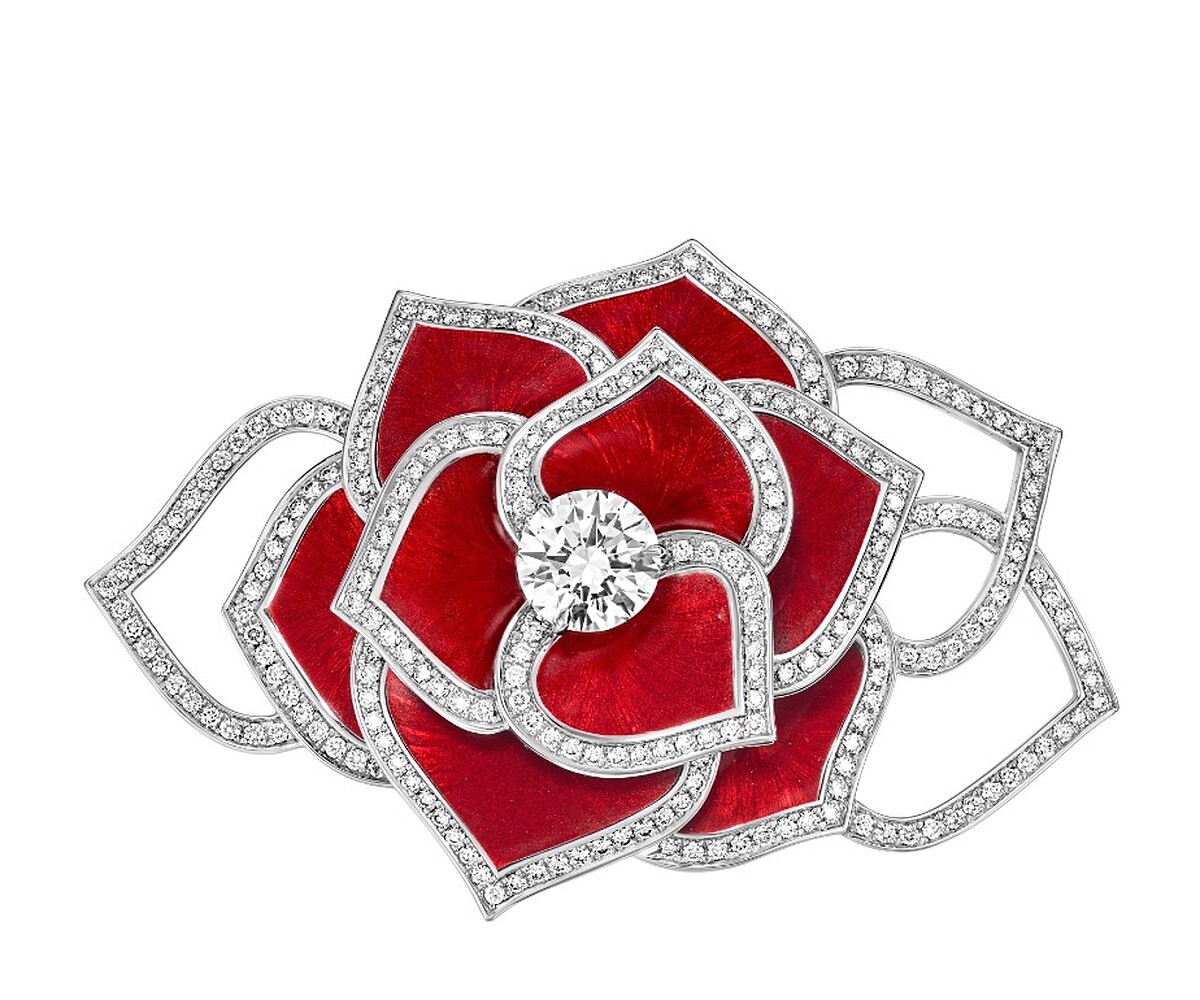 Piaget Rose Extraordinaire內塡琺瑯工藝頂級珠寶鑽石胸針