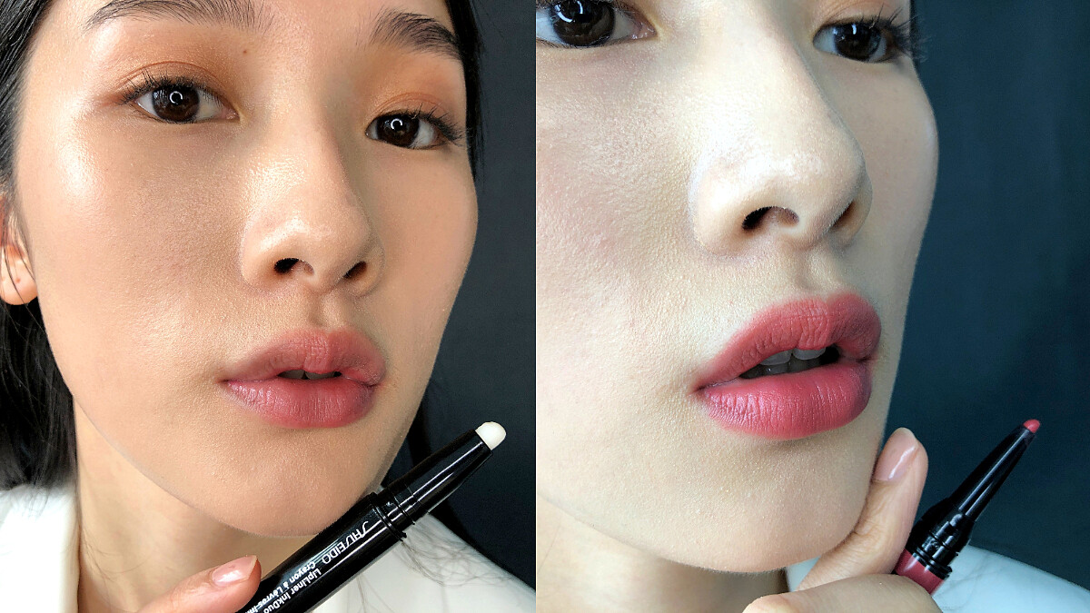 左圖：透明護唇底膏 右：引釉雙效唇彩筆#9＋摩霧唇膏525