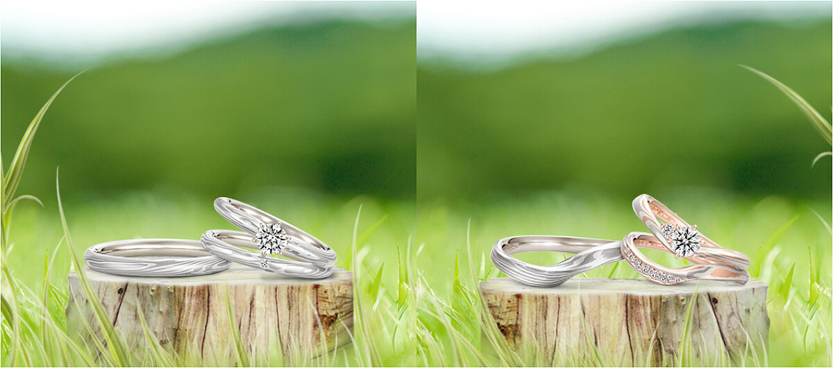 木目金系列Piantina訂婚鑽戒及對戒、Arietta Fianco訂婚鑽戒及對戒。