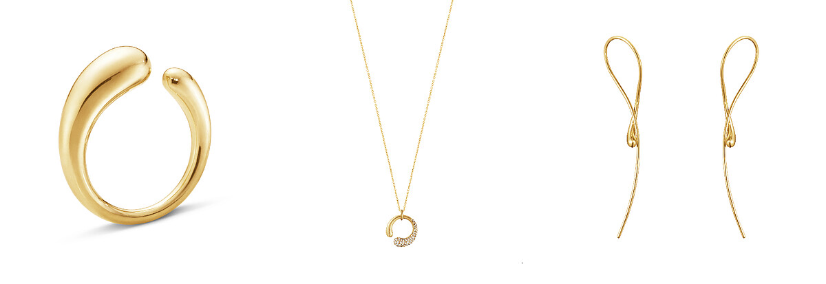 MERCY系列18K金戒指，NT39,000、18K金鋪鑽鍊墜，NT71,000、8K金旋轉長耳式耳環，NT27,100。