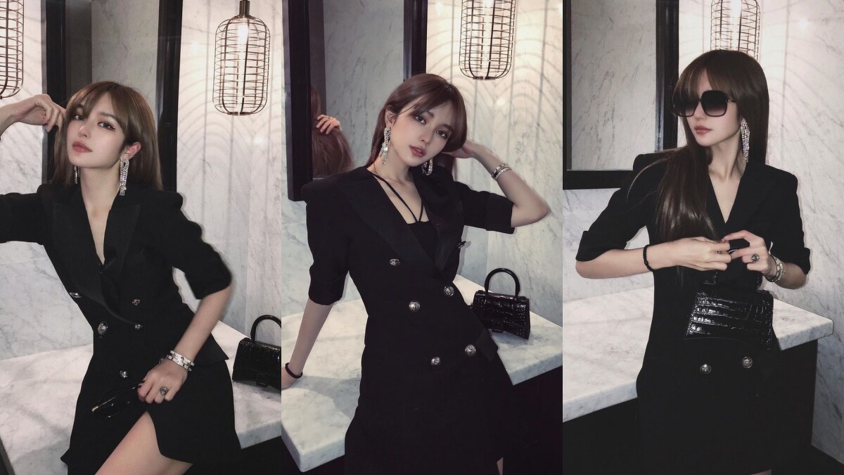 周揚青穿排釦小洋裝露美腿，搭配Yun Yun Sun水鑽流蘇耳環與Balenciag迷你黑色鱷魚壓紋沙漏包