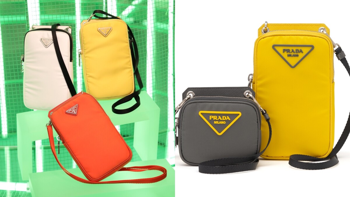 （左）快閃店獨家：經典三角Logo尼龍多功能手機包（NT$19,000）、Prada黃色三角Logo灰色尼龍多功能掛頸包（NT$17,000）、Prada黃色尼龍手機包（NT$20,000） 