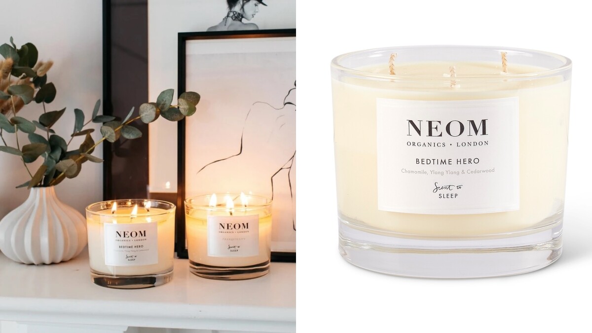 NEOM靜心舒眠香氛蠟燭使用植物蠟與100％天然植物精油打造，享受靜謐的放鬆時光。(圖片提供10/10HOPE)