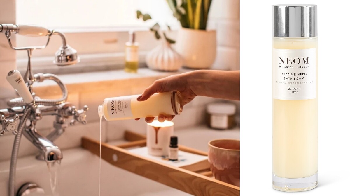 NEOM靜心舒眠泡泡浴添加柔嫩肌膚的歐蜀葵和椰子油，以及舒緩身心的蘆薈葉和甜杏仁油。(圖片提供10/10HOPE)