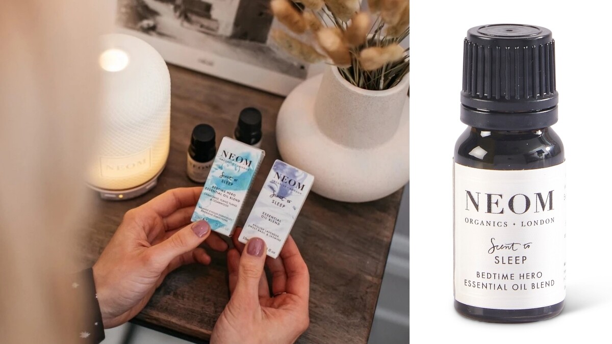NEOM静心舒眠精油搭配NEOM療癒香氛機，打造寧靜美好的睡眠情境。(圖片提供10/10HOPE)