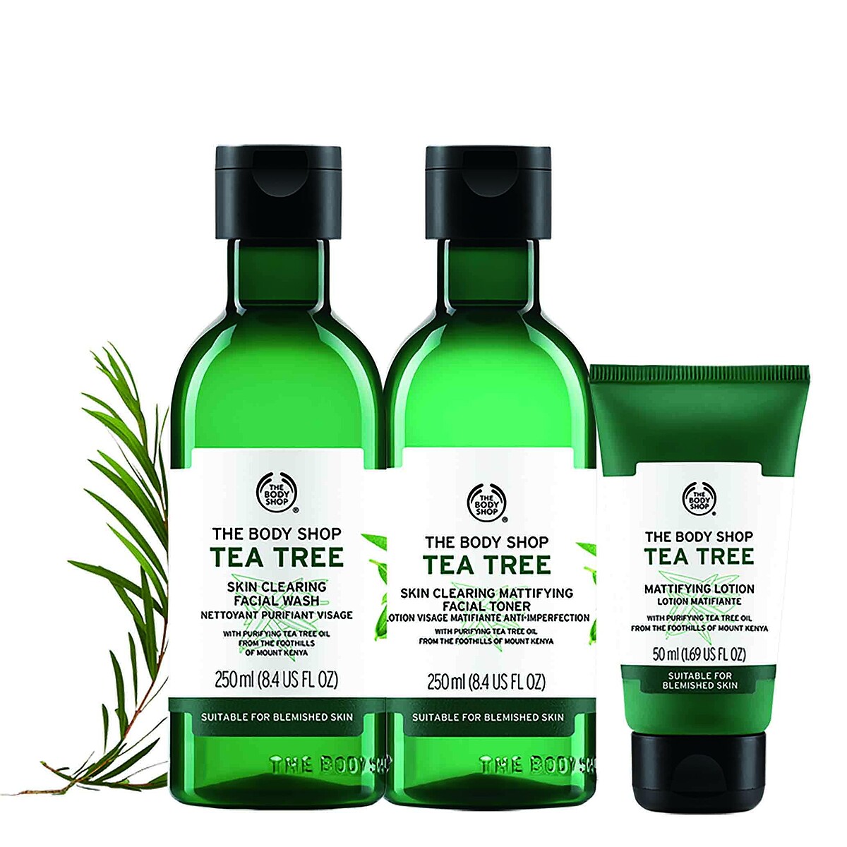 THE BODY SHOP天然茶樹淨膚調理組內含：茶樹淨膚深層潔面膠250ml、茶樹淨膚調理水250ml、茶樹淨膚保濕膠50ml