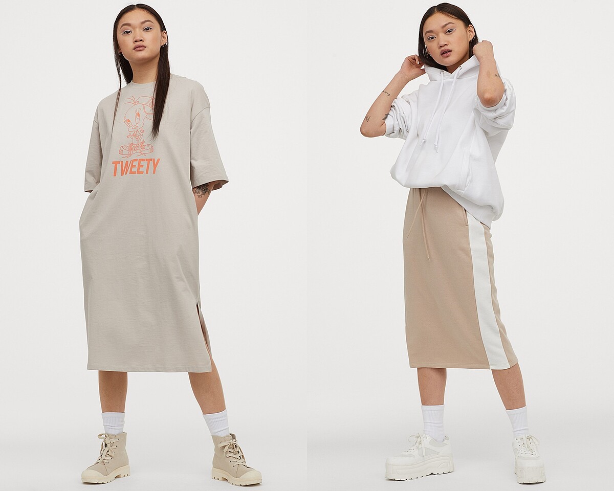 長版上衣NT$699、棉質運動風鉛筆裙NT$499