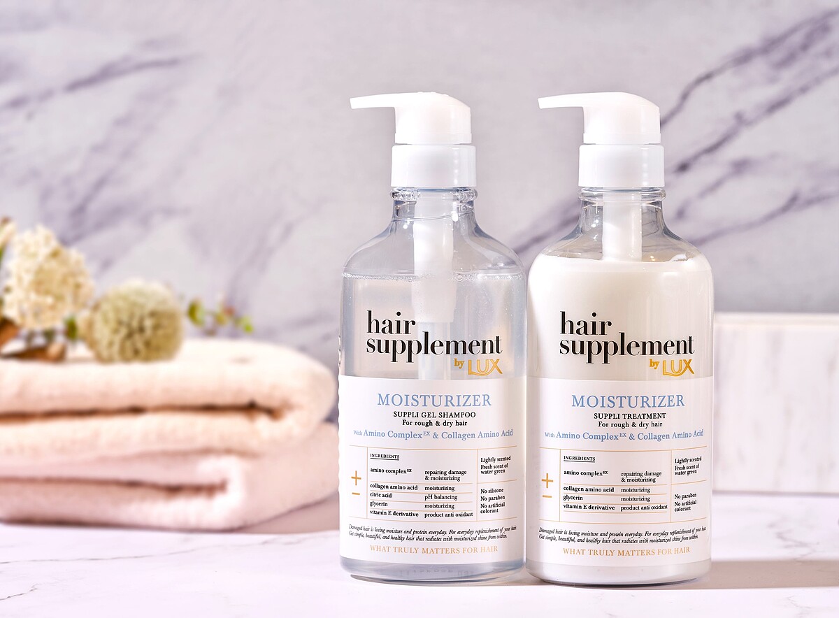 LUX髮の補給機能飲*膠原蛋白胺基酸洗護,為染燙受損而乾燥的秀髮補水鎖水並深入髮芯修護,讓髮絲光澤不毛燥。