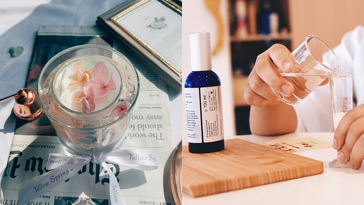 (左圖)誠品生活新板店｜Yellow Spring Lab 水晶花園燭台X香氛蠟燭課程；(右圖)誠品生活新板店｜拾心聚落｜天然精油搖搖抗菌乾洗手手作課程