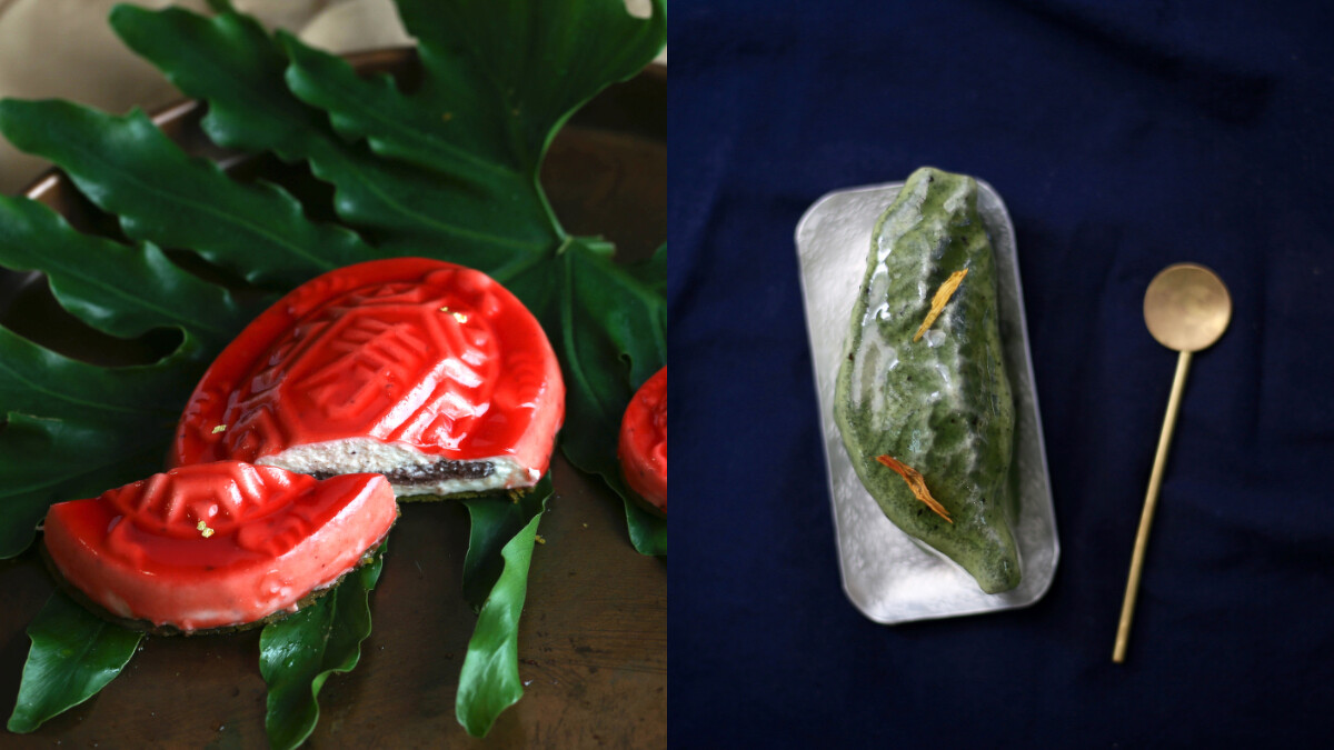 (左圖)誠品生活南西5／1 - 5／10 「夢幻甜點店」｜菓實日｜紅龜慕斯蛋糕6吋；(右圖)誠品生活南西5／1 - 5／10 「夢幻甜點店」｜菓實日｜人之島