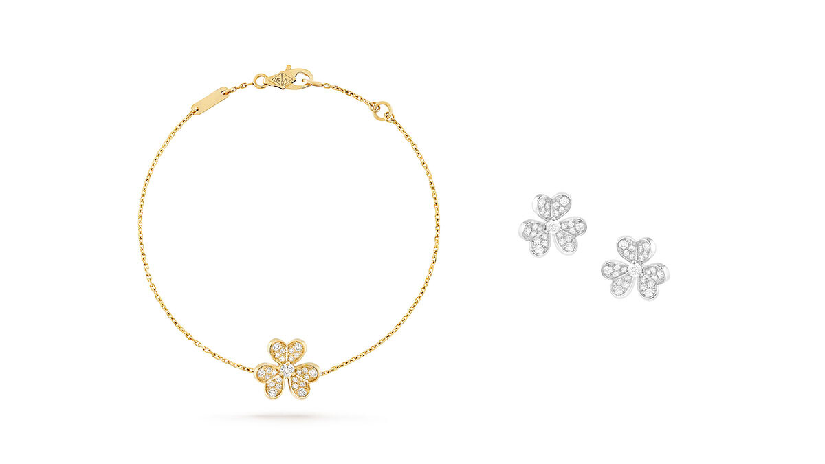 Frivole系列：黃K金鑽石手鍊(迷你款式)、白K金鑽石耳環(迷你款式)，all by Van Cleef & Arpels