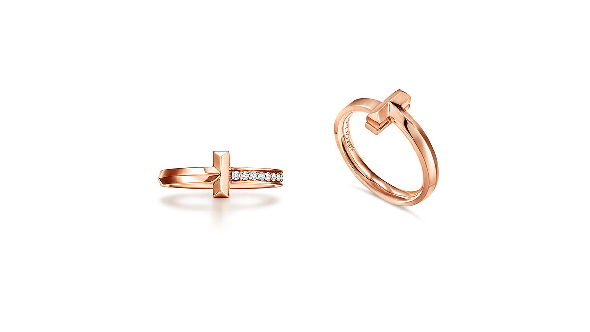 Tiffany T1 系列：18K玫瑰金窄版鑲鑽戒指、18K玫瑰金窄版戒指，all by Tiffany T1