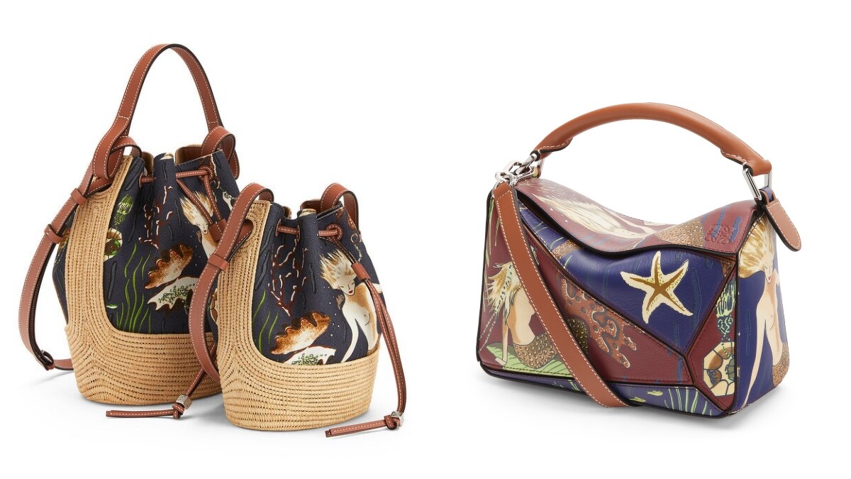 、BALLOON 美人魚深藍帆布拼接酒椰葉水桶包（NT$88,000）、PUZZLE美人魚小牛皮肩背提包（NT$104,000）