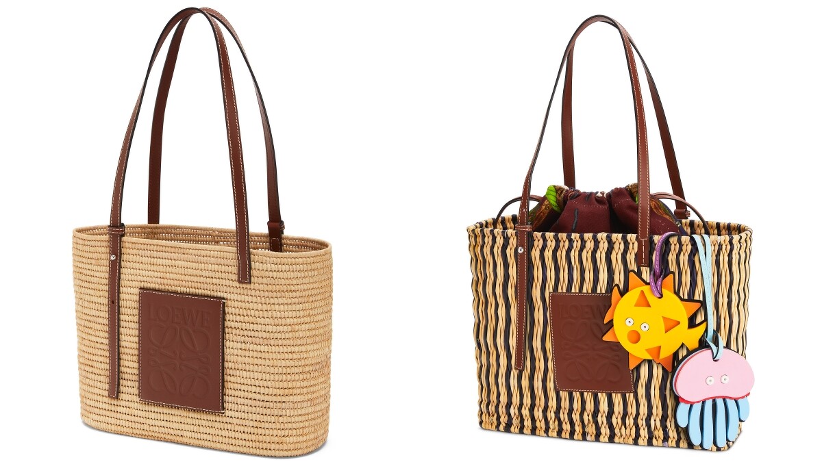 SQUARE BASKET SMALL BAG米色方形酒椰葉肩背包（NT$20,000）、SQUARE BASKET系列天然蘆葦肩背包